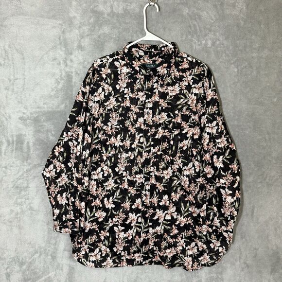 Lauren Ralph Lauren Top Plus 2X Semi Sheer  Sleeves Dark Floral Collared Bloom - Picture 2 of 10